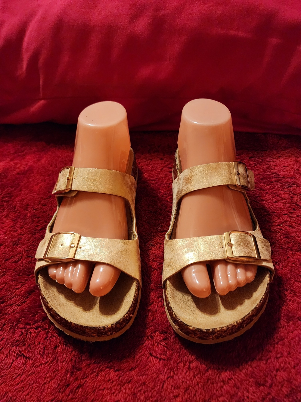 Metallic Gold Double-Buckle Women’s Slide Sandals
